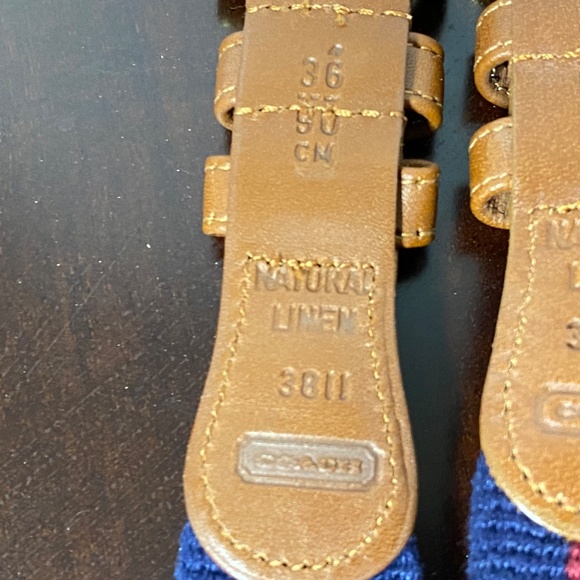 2 Vintage Coach Belts Unisex 36 Navy • Navy/Red Natural Linen & Leather Brass main image 7